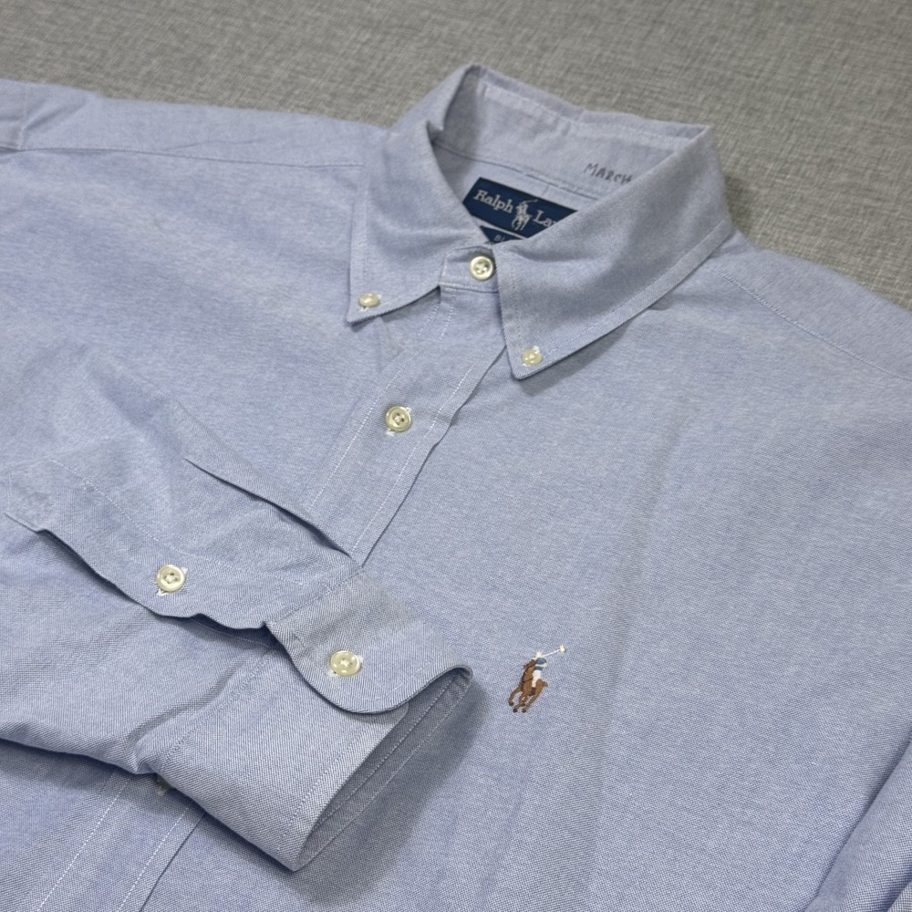 Ralph Lauren Blake Button Shirt Mens Large Blue Flesh Pony Cotton Long Sleeve